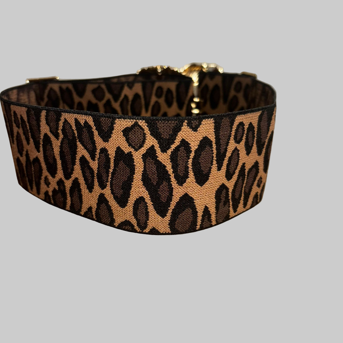 Leopard print belt on a wooden surface with a white wall background