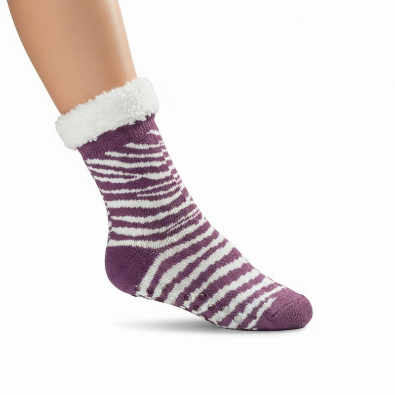zebra striped socks with sherpa lining on a white background