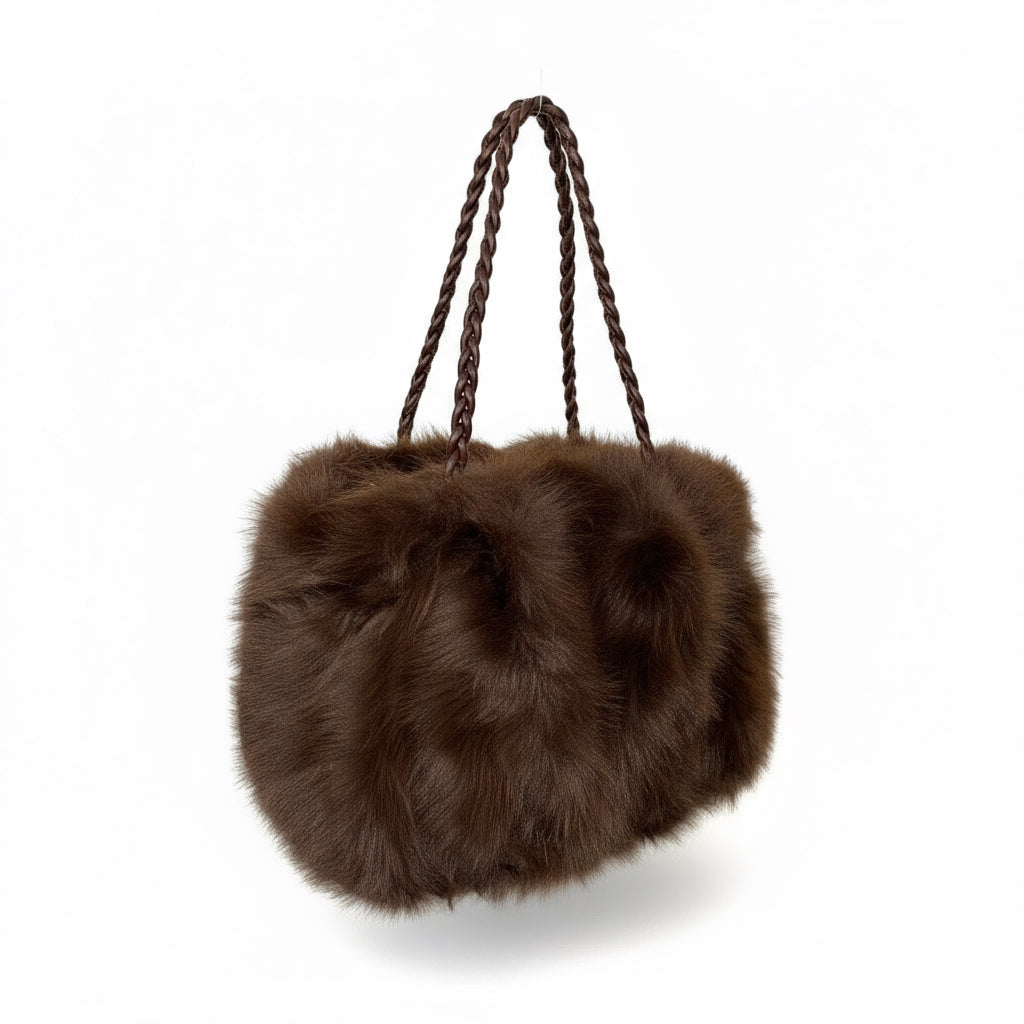 Brown fur handbag with braided handle 