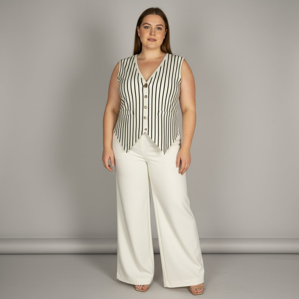 Striped vest and white pants hanging against a brick wall