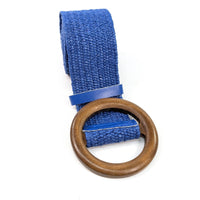 Blue textured belt with a wooden ring buckle on a white background