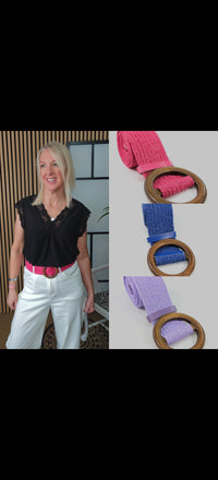 Woman wearing a black shirt and white pants with a pink belt, surrounded by three belt options on a white background.