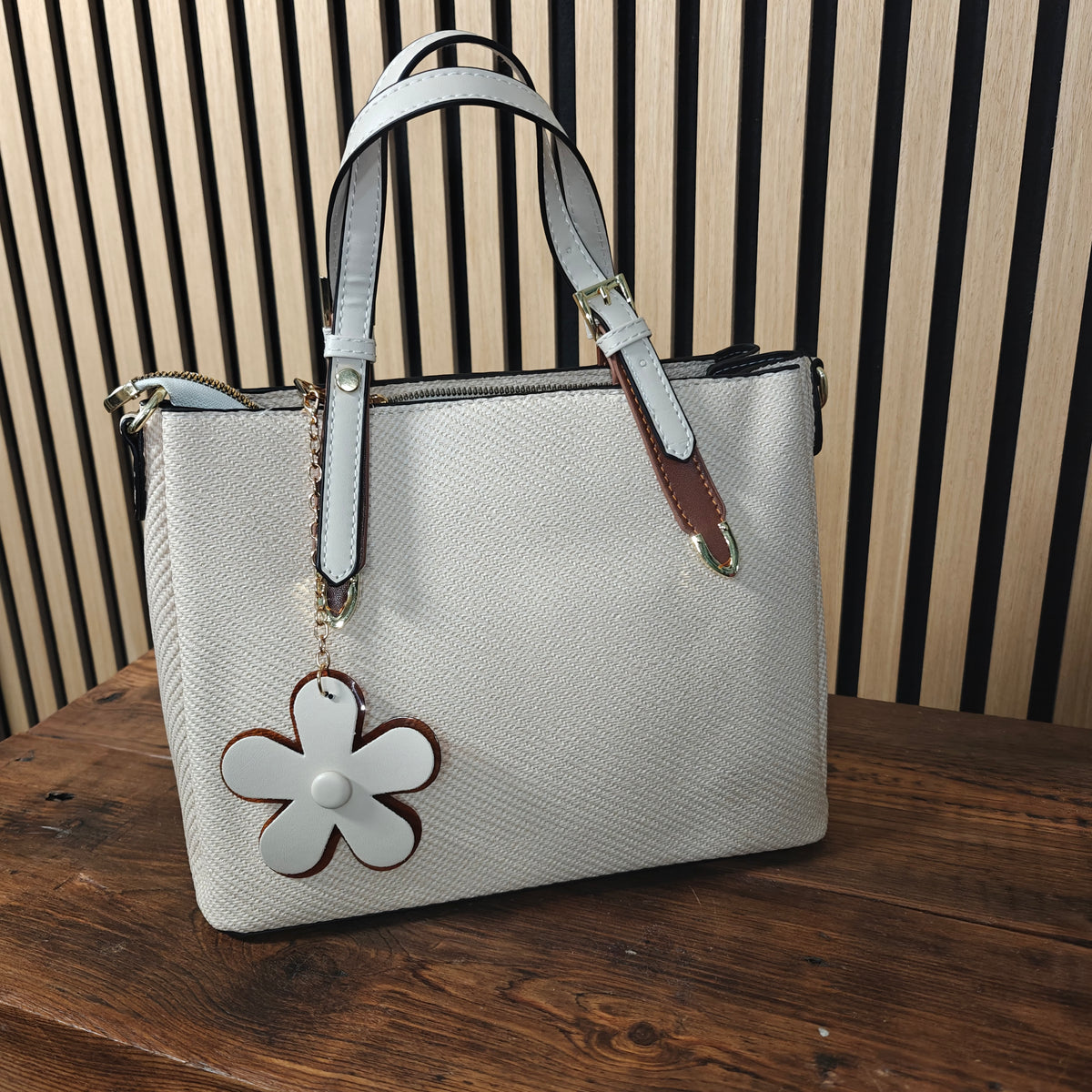 Flower charm hand bag, 2 short handles, colour beige 