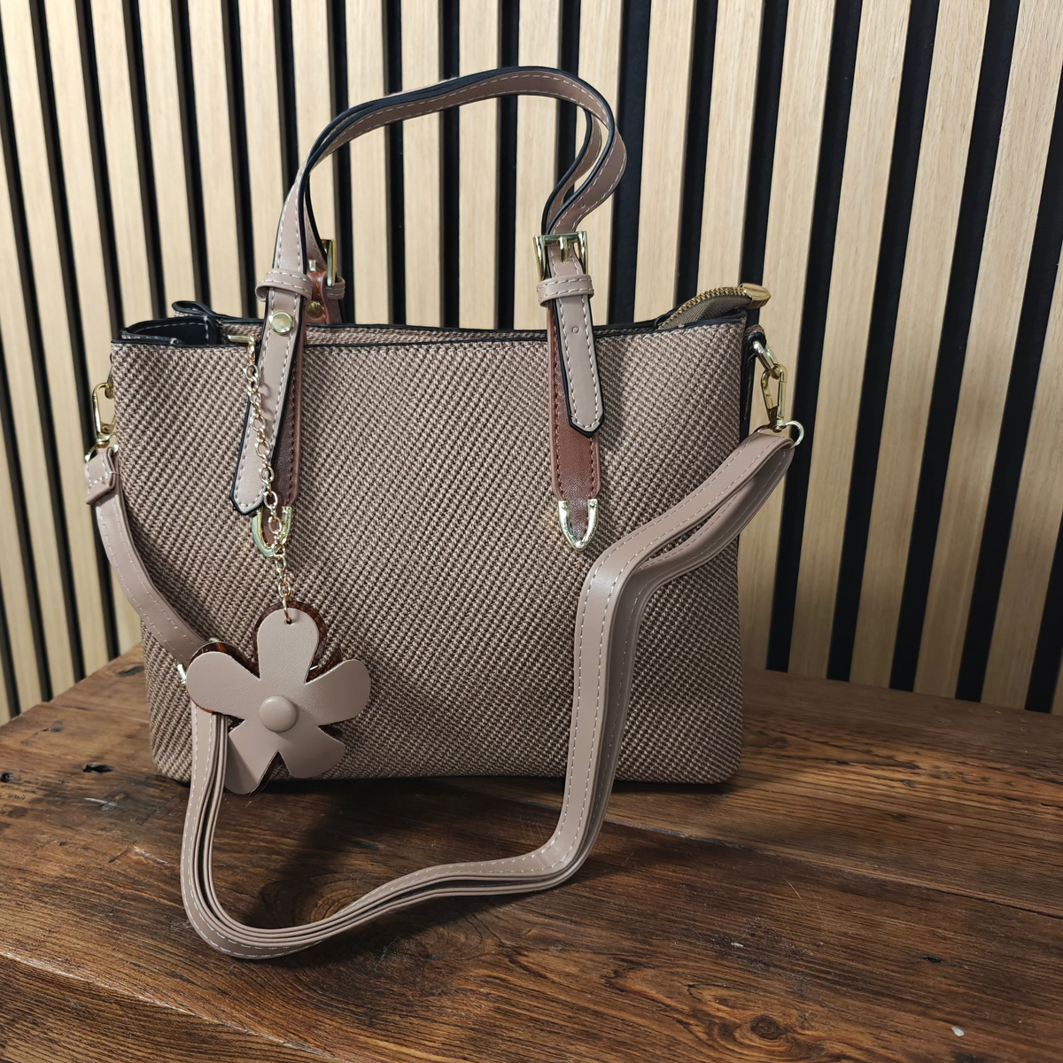 Flower charm hand bag, 2 short handles,  cross body strap colour taupe