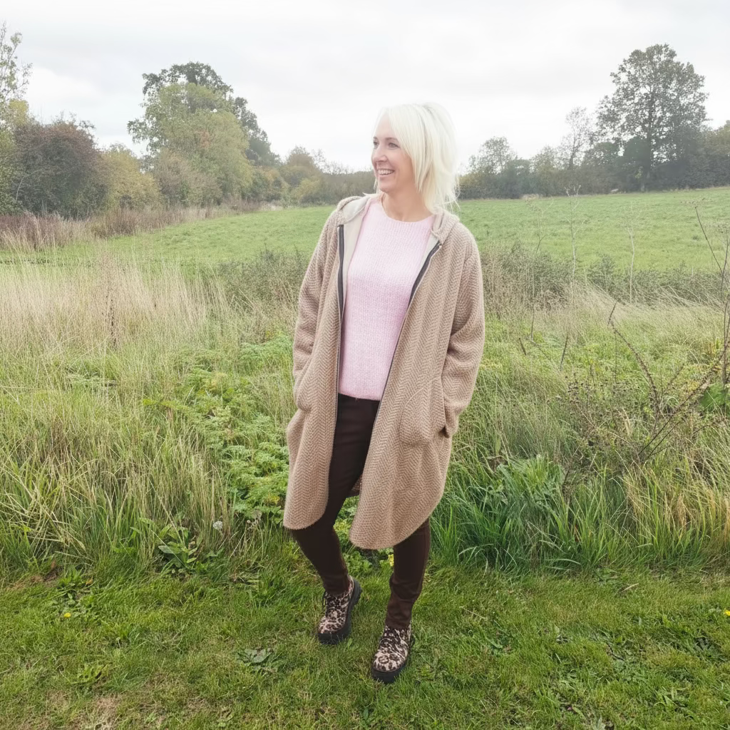 "Classic wool-effect herringbone coat with zip fastening, hood, and pockets—designed for warmth, style, and everyday practicality in colder seasons."