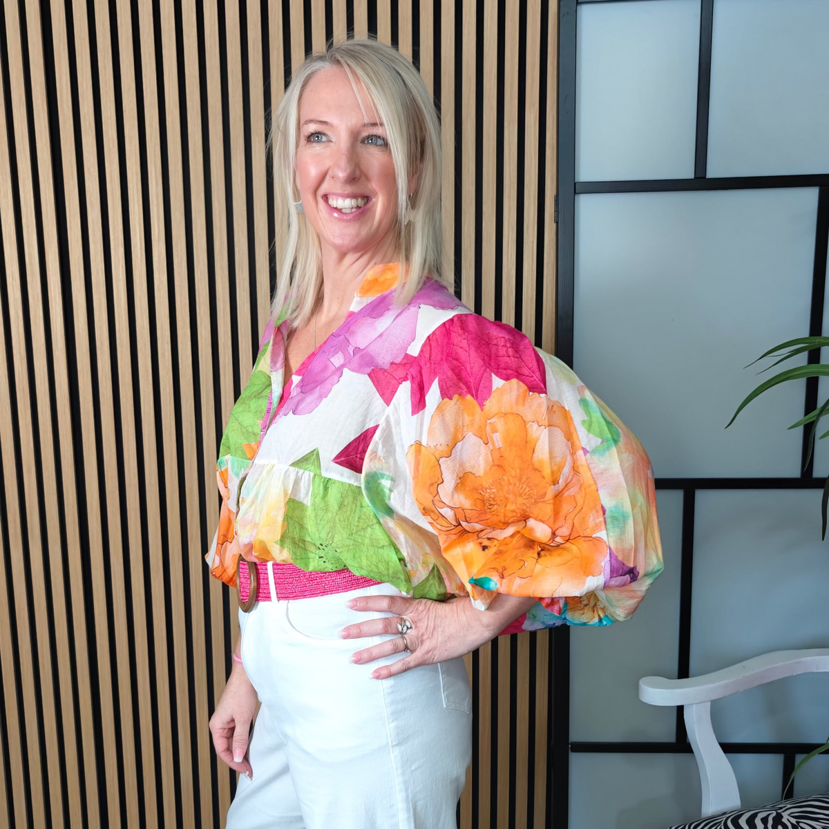 Colourful flower blouse side view 