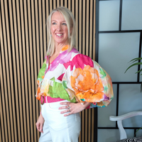 Colourful flower blouse side view 