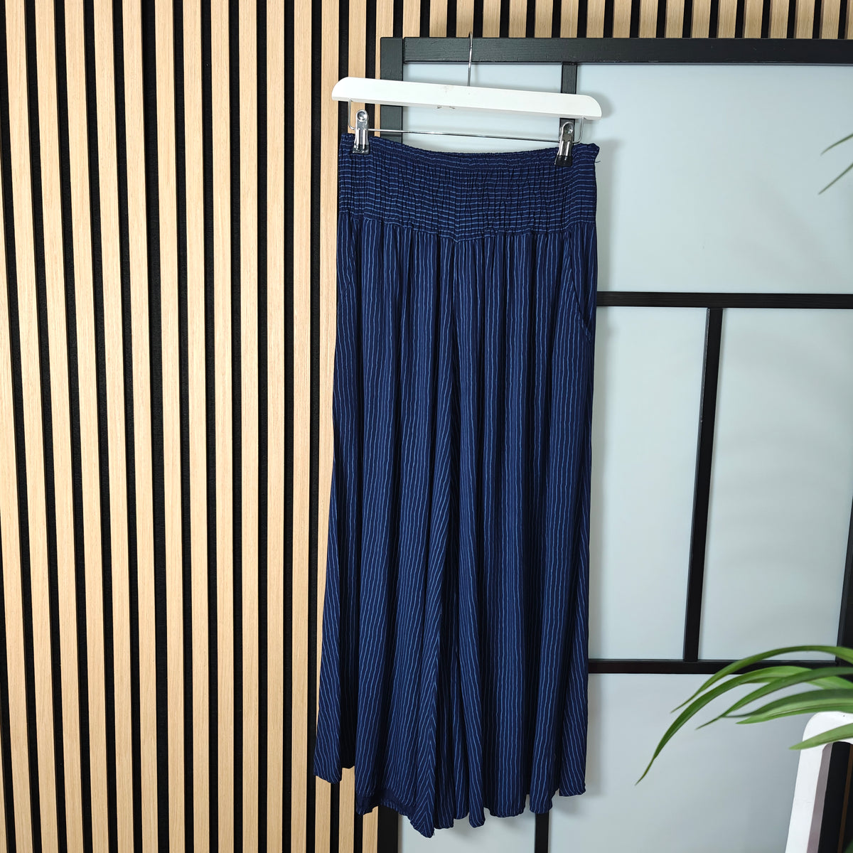 Navy culottes elasticated waistband hanging 