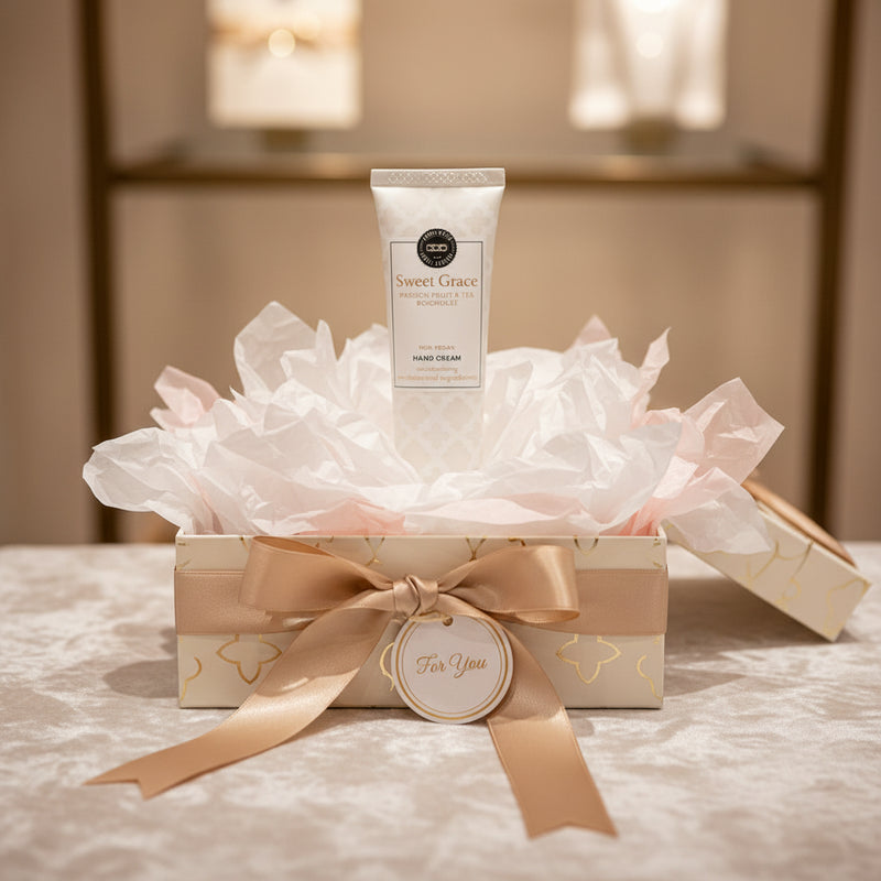 Hand cream in a decorative box with a bow on a soft surface