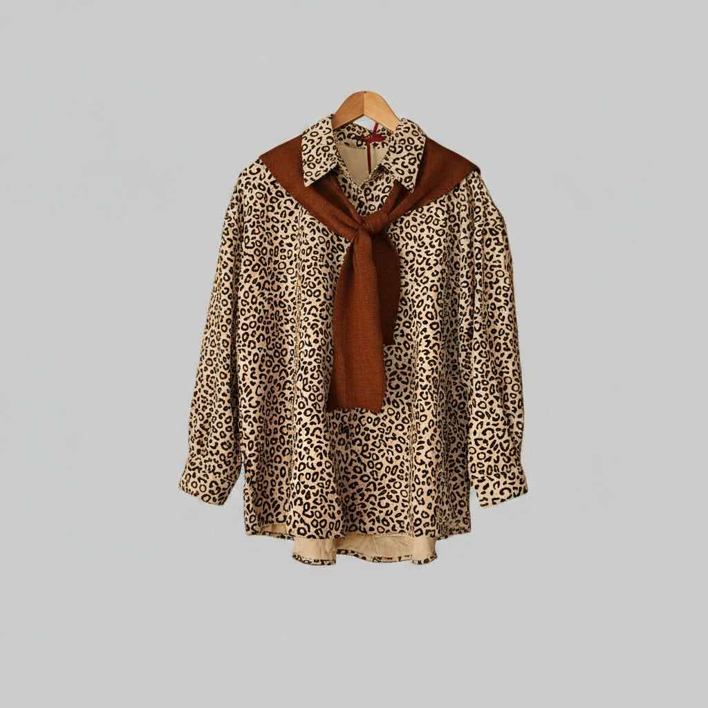  leopard print shirt and brown scarf Swade feel