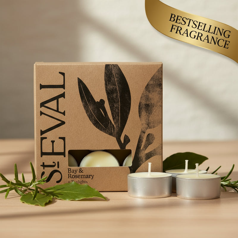Steval bay and rosemary tealights with packaging on a white background