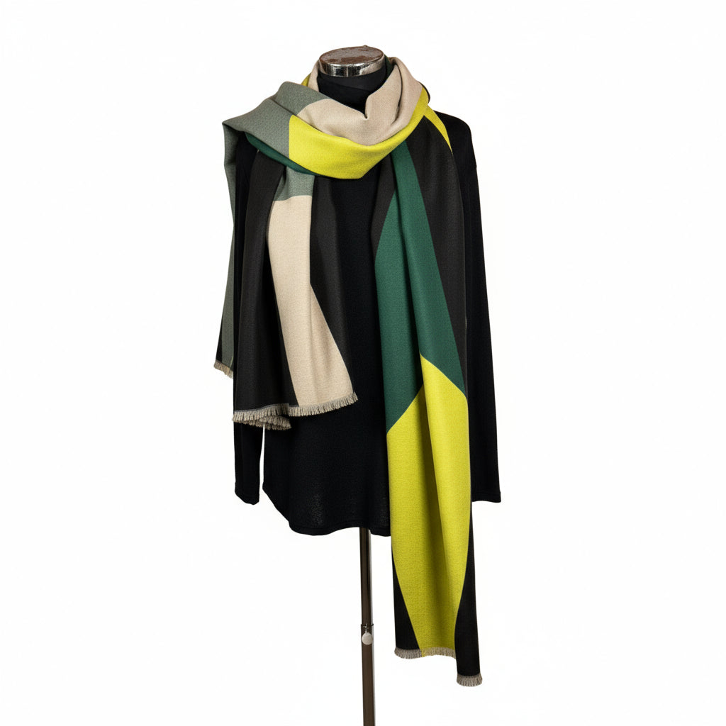 bold cashmere scarf perfect for laying and gifting, mustard and green 
