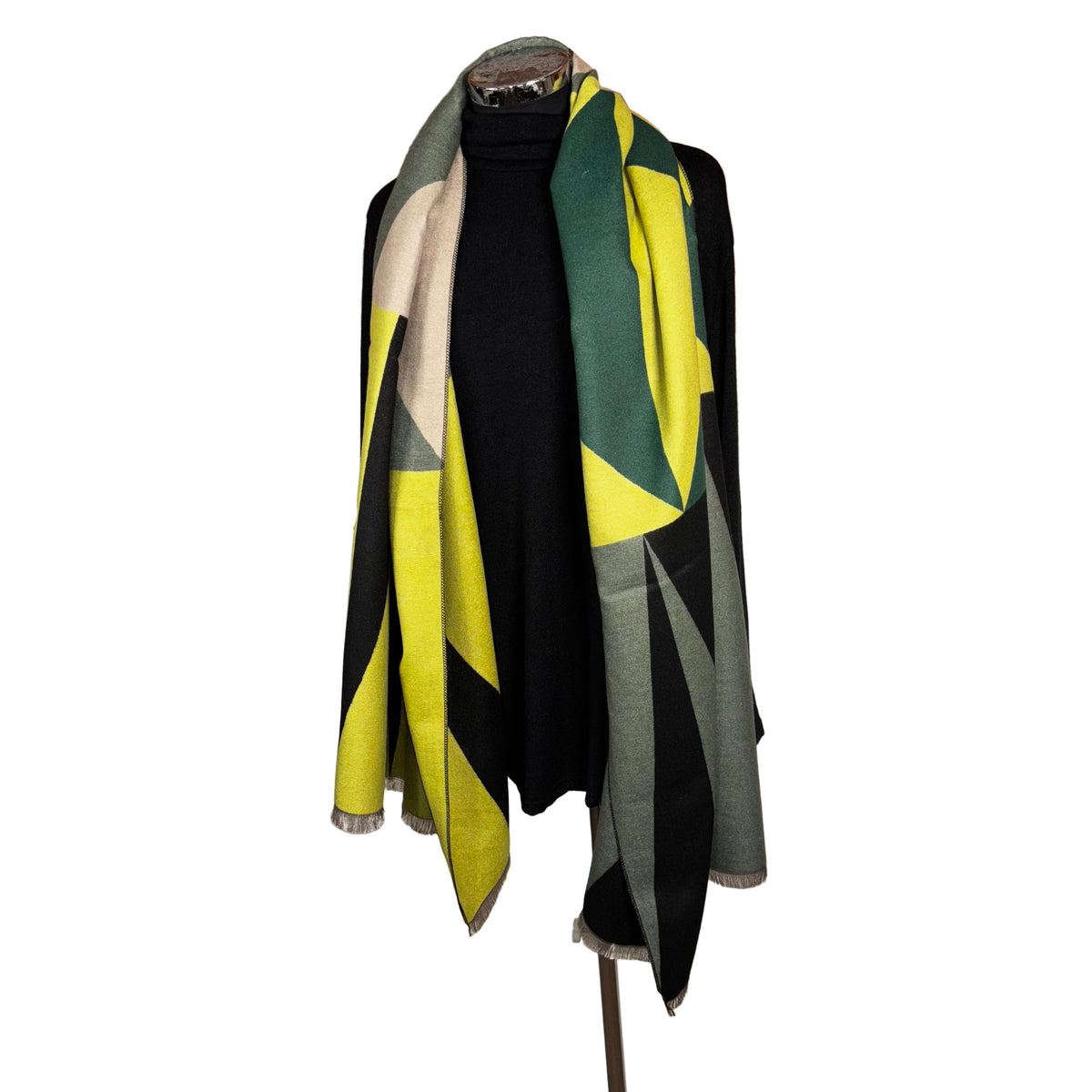bold cashmere scarf perfect for laying and gifting, mustard and green