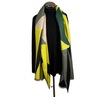 bold cashmere scarf perfect for laying and gifting, mustard and green