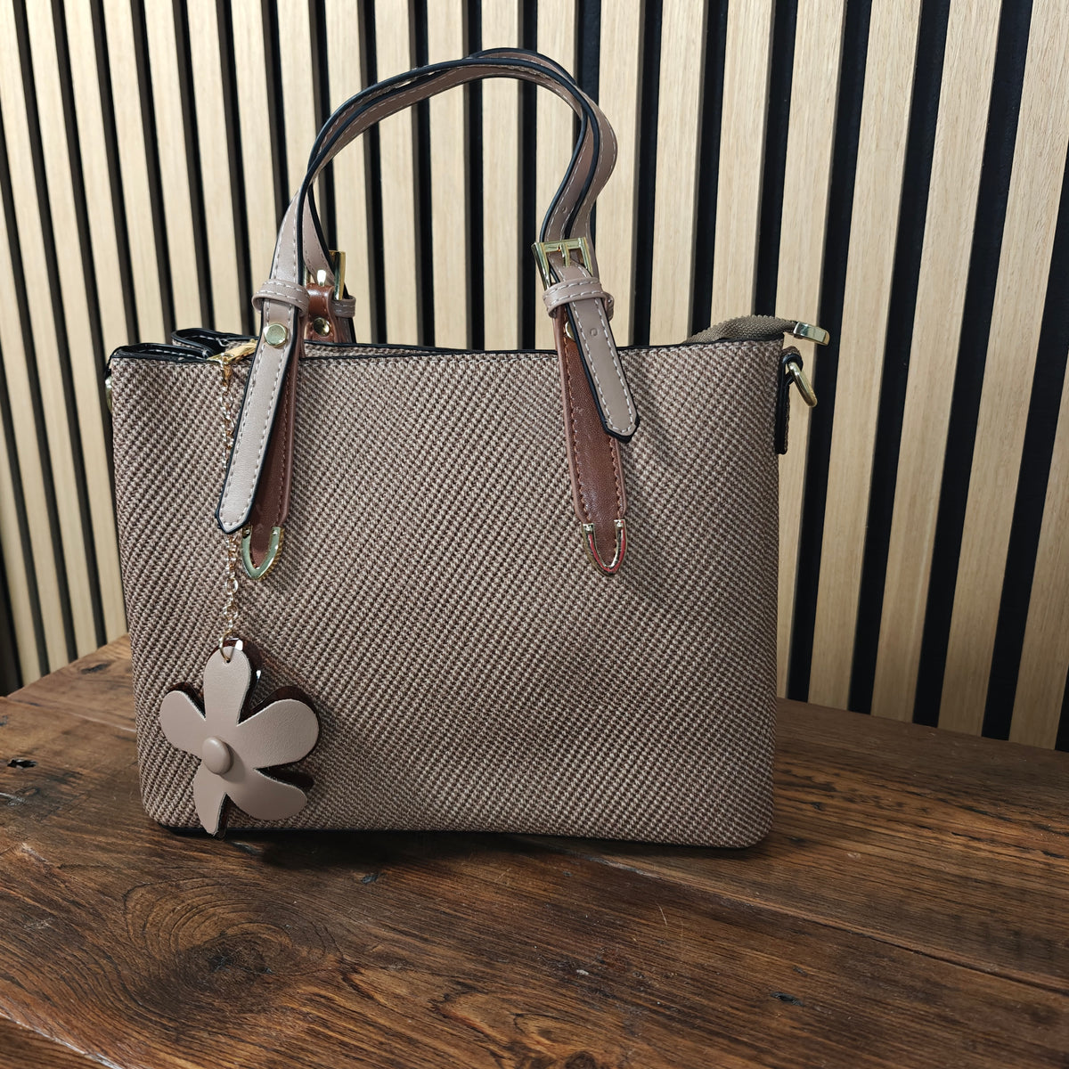 Flower charm hand bag, 2 short handles, colour taupe