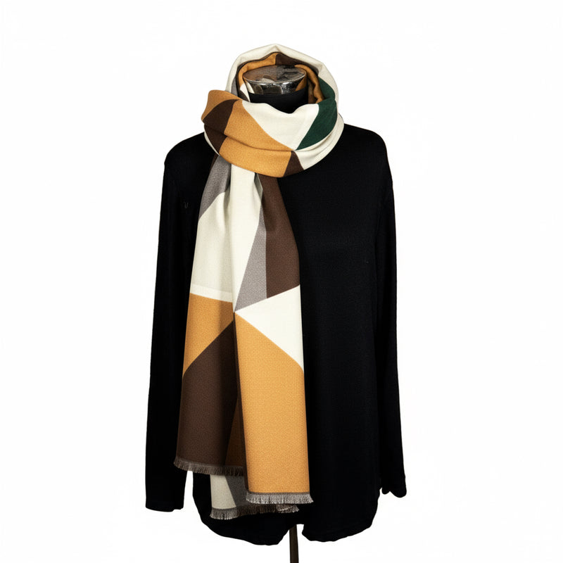bold print cashmere scarf mustard and brown perfect for layering and giving for a gift 
