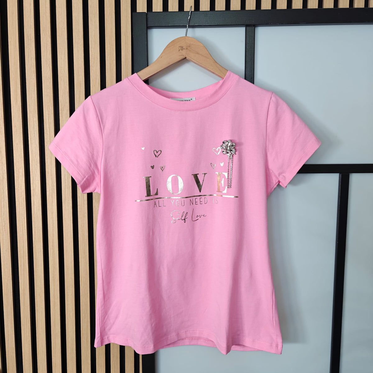 Pink t-shirt with text on a hanger against a striped wall.