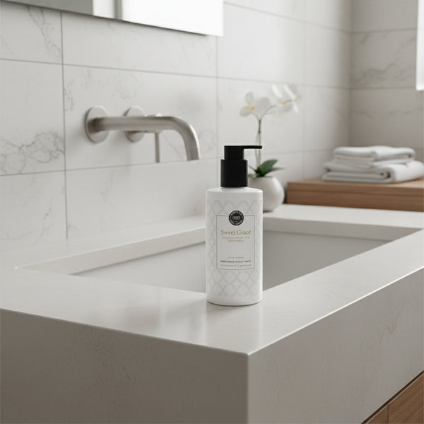 White hand wash bottle with black pump on a light gray background with green leaves and flowers.