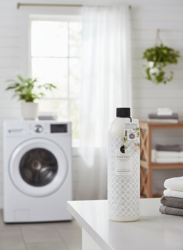 Bottle of Sweet Grace laundry detergent on a white background