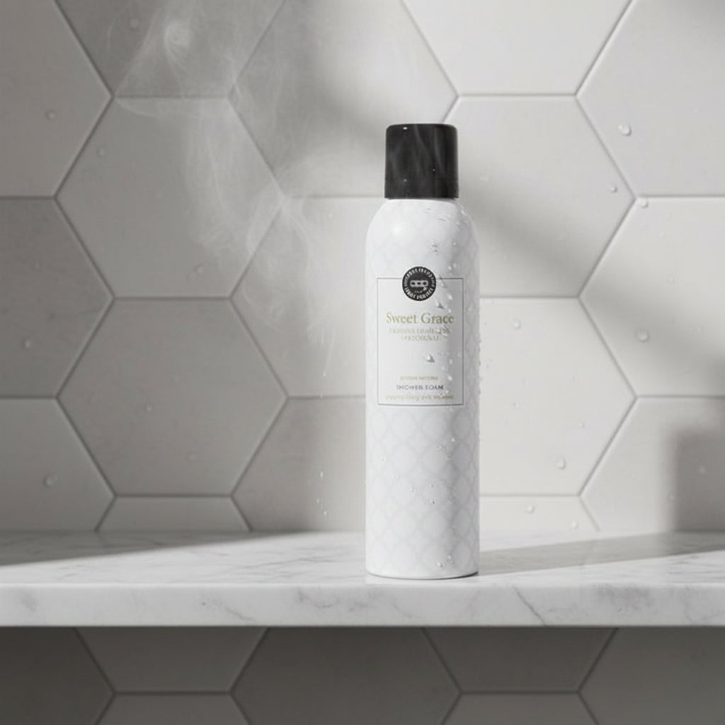 White bottle labeled 'Sweet Grace' with a black cap on a light gray background with decorative elements.