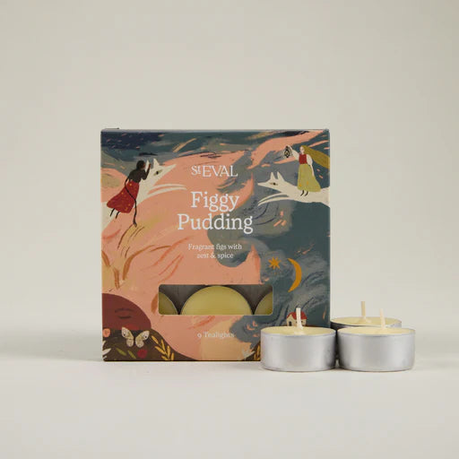 SIEVAL Figgy Pudding candle packaging with two candles on a light background